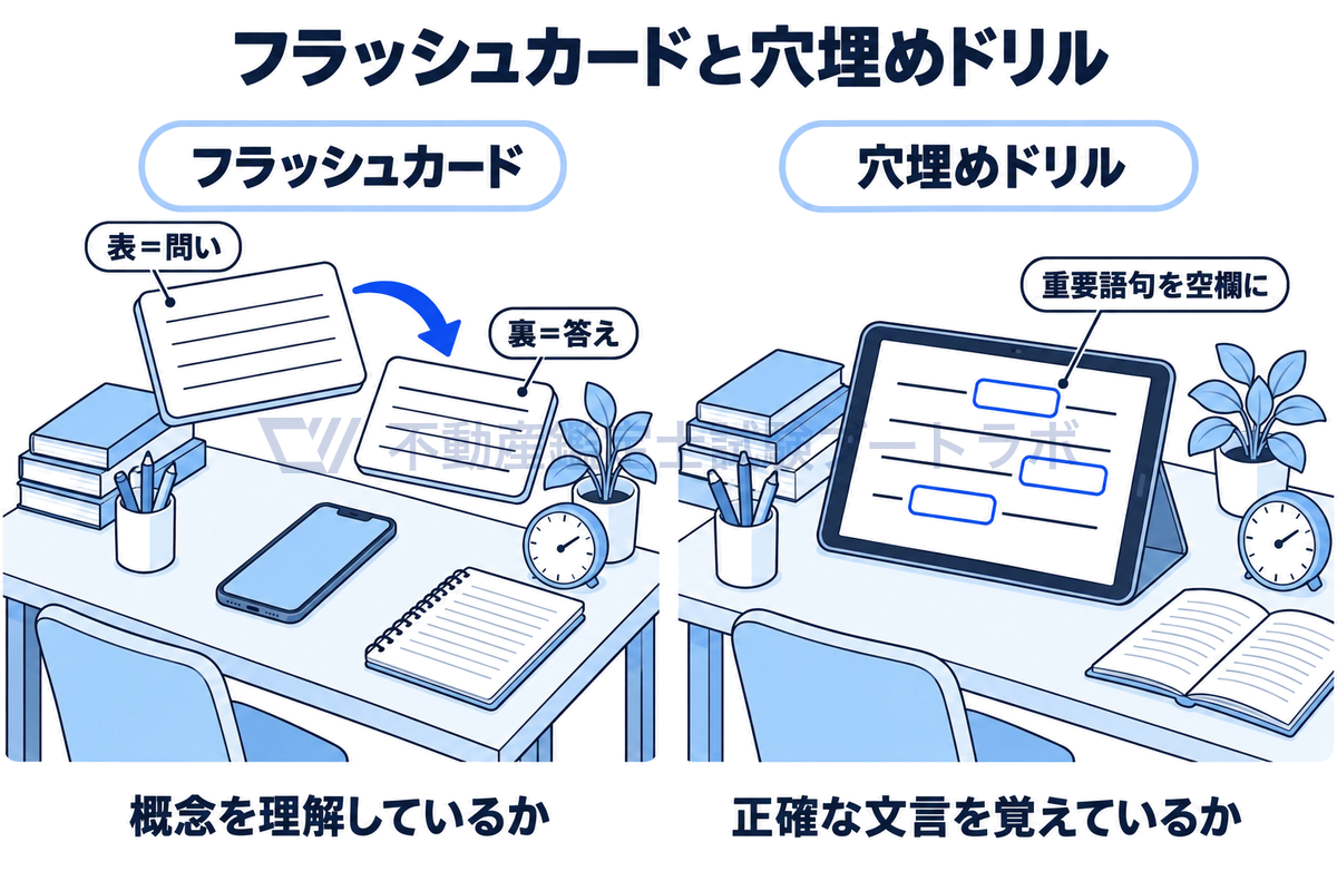 勉強机の上の2つの場面。左はスマートフォンのフラッシュカードで、表の問いから裏の答えへ裏返して概念を理解しているかを確かめる。右はタブレットの穴埋めドリルで、文章の重要語句が空欄になっており正確な文言を覚えているかを確かめる。