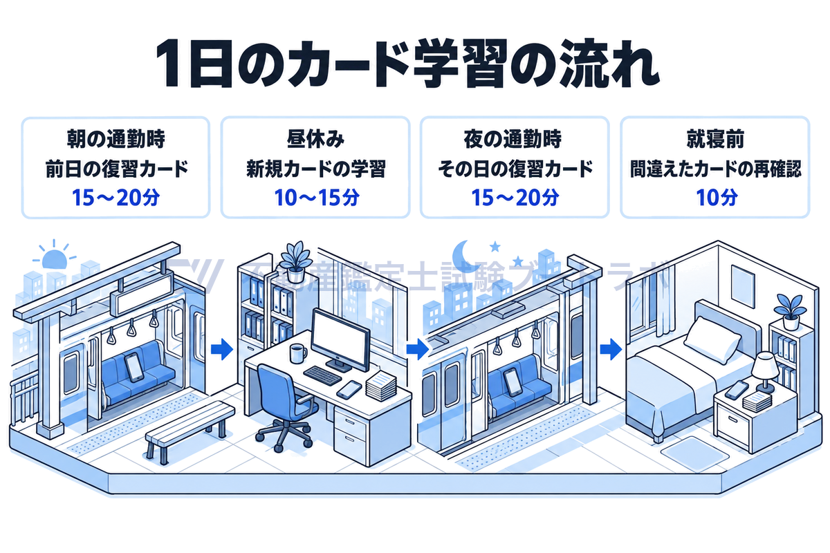 1日の暗記カード学習を4つの場面で示した図。朝の通勤電車で前日の復習を15〜20分、昼休みの机で新規カードを10〜15分、夜の通勤電車でその日の復習を15〜20分、就寝前に間違えたカードを10分確認する。