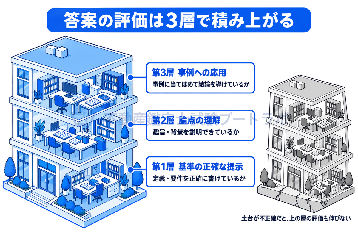 斜め上から見た3層の建物で、論文式の鑑定理論の評価を下から第1層「基準の正確な提示」、第2層「論点の理解」、第3層「事例への応用」と示し、土台の層にひびが入ると上の層も傾く様子を右に小さく添えた図。
