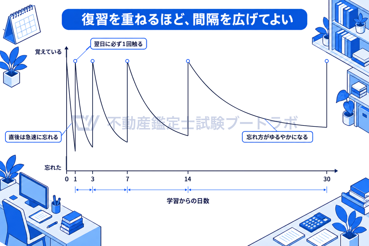 学習からの日数を横軸に、記憶が直後に急に落ち、翌日・3日後・1週間後・2週間後・1ヶ月後の想起テストのたびに戻り、回を重ねるほど忘れ方がゆるやかになって復習の間隔を広げられることを示した曲線の図。