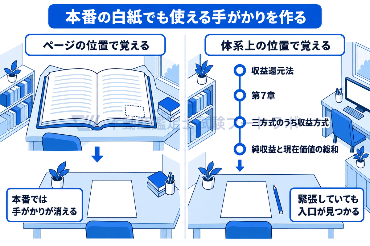 左は参考書のページ右下の位置で覚えた手がかりが本番の白紙では消えること、右は収益還元法から第7章、三方式のうち収益方式、純収益・現在価値の総和へとつながる体系上の連想の鎖が本番でも入口になることを対比した図。