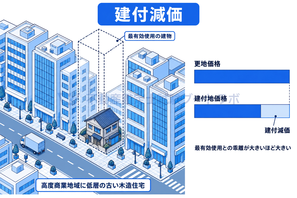 建付減価を示した図。高層ビルが並ぶ高度商業地域に古い低層の木造住宅が建つ土地があり、最有効使用の建物との乖離がある。更地価格と建付地価格を棒で比べ、その差を建付減価として示している。