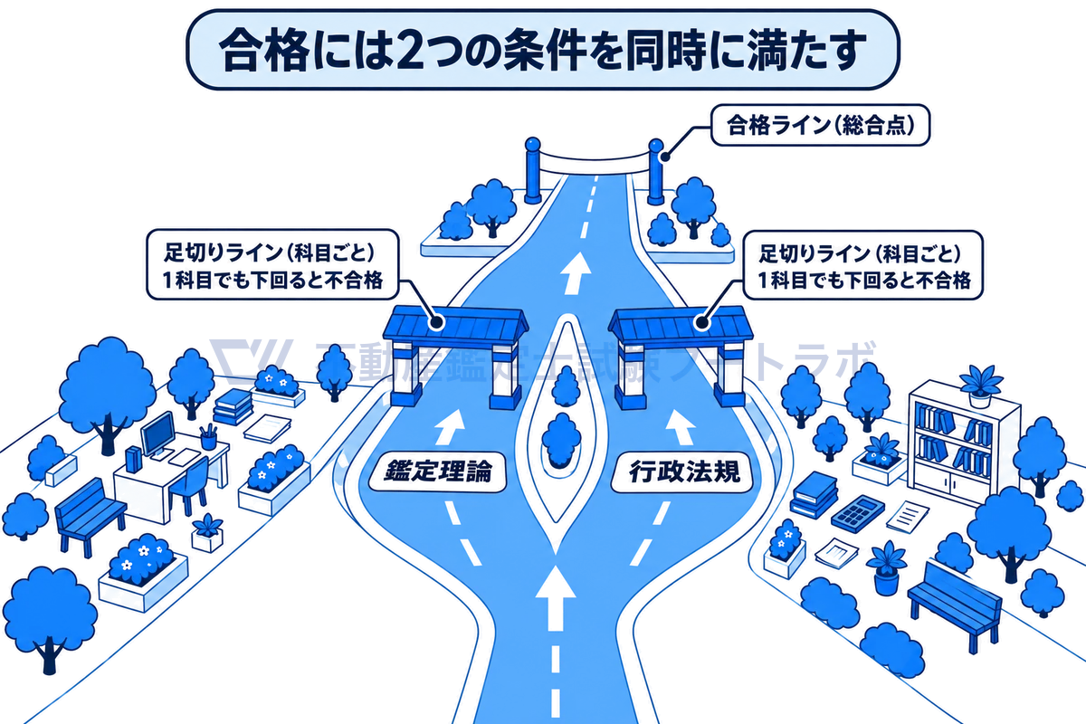等角図の道が鑑定理論と行政法規の2本のレーンに分かれ、それぞれに科目ごとの足切りの関所が立ち、レーンが合流した先に総合点の合格ラインのゴールテープがある線画で、合格には2つの条件を同時に満たす必要があることを示す図。