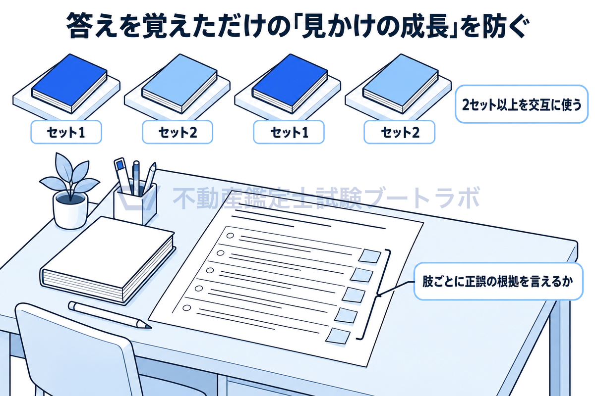 同じ問題の繰り返しで答えを覚えただけの「見かけの成長」を防ぐ方法を示した図。月ごとのマスにセット1とセット2の問題集を交互に置き、手前の問題用紙では肢ごとに正誤の根拠を言えるかを確かめる。