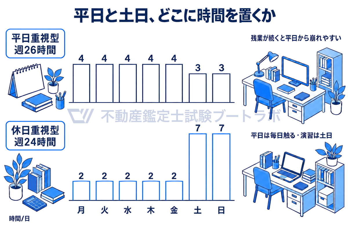 週の学習時間を曜日ごとの棒で示し、平日4時間・土日3時間の平日重視型(週26時間)と、平日2時間・土日7時間の休日重視型(週24時間)の山の形を上下に並べて比べた図。休日重視型は平日に毎日触れ、演習を土日に寄せる。