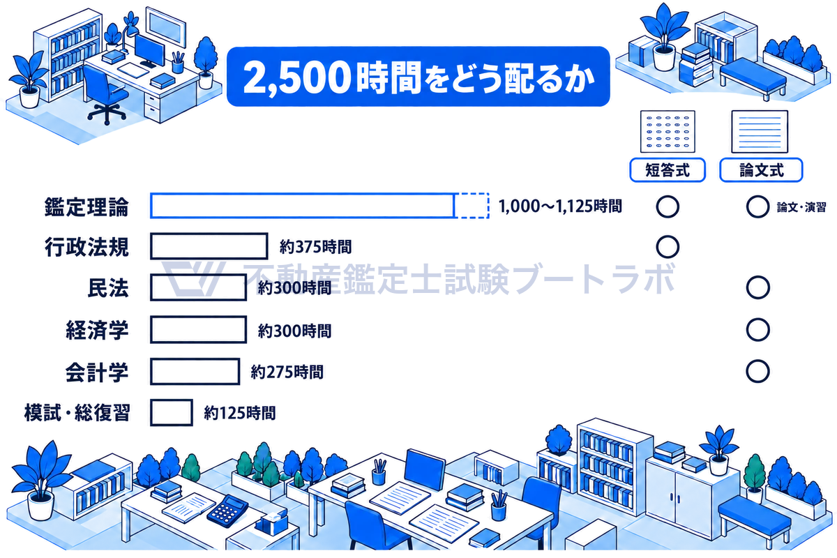 2,500時間の科目別配分を横棒で比べ、鑑定理論1,000〜1,125時間、行政法規375時間、民法・経済学300時間、会計学275時間、模試・総復習125時間を数値どおりの長さで示した図。右の列で、鑑定理論だけが短答式と論文式の両方に出ることがわかる。