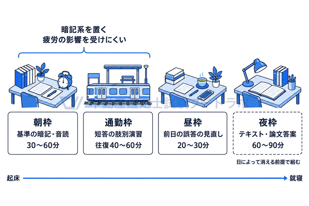 起床から就寝までの1日の横軸に、朝枠・通勤枠・昼枠・夜枠を置き、机と目覚まし時計、電車の車両、昼休みの机、夜の電気スタンドの線画を添えた図。疲れの少ない朝と通勤に暗記系を置き、夜枠は消える前提で組む。