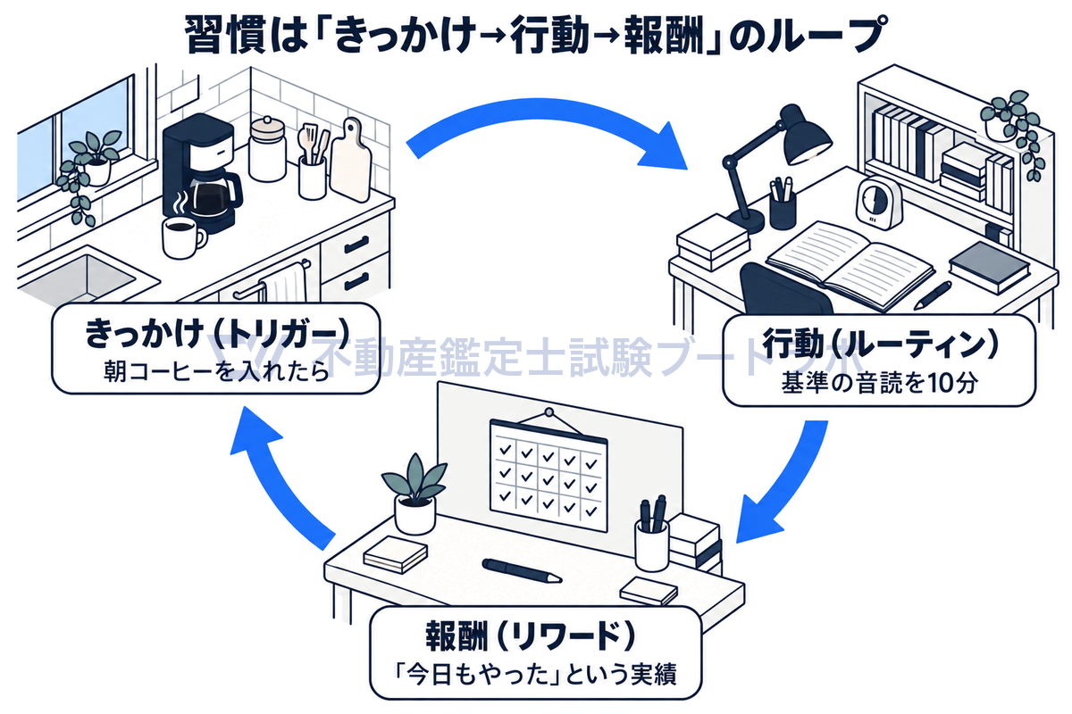 習慣のループを勉強の場面で示した図。朝コーヒーを入れたことをきっかけに、基準の音読を10分する行動を行い、「今日もやった」という実績が報酬として残る。この3つが輪になって繰り返されることで習慣になる。