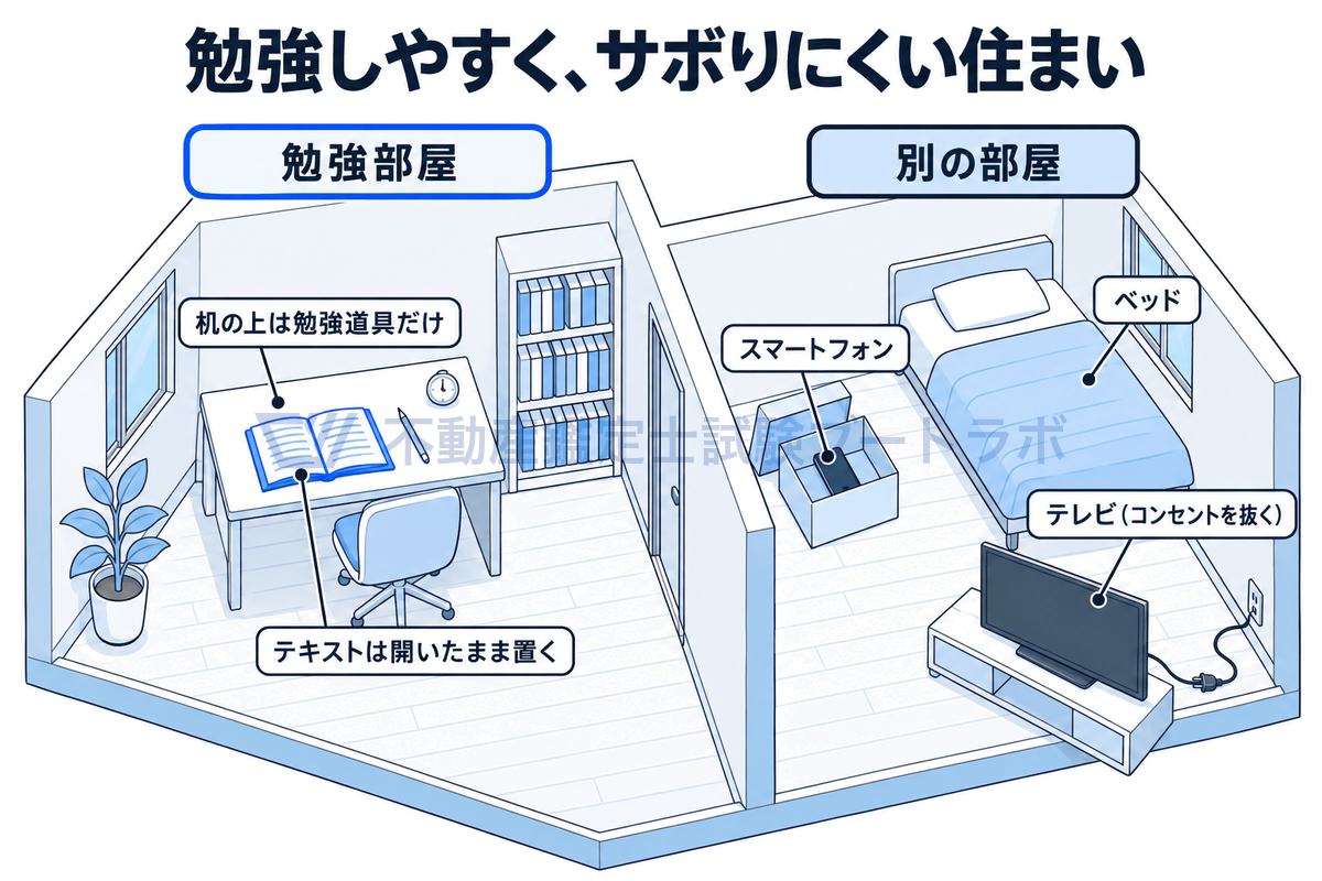 勉強しやすくサボりにくい住まいの環境を示した図。勉強部屋の机の上は勉強道具だけにしてテキストを開いたまま置き、スマートフォン、ベッド、コンセントを抜いたテレビは別の部屋に置く。