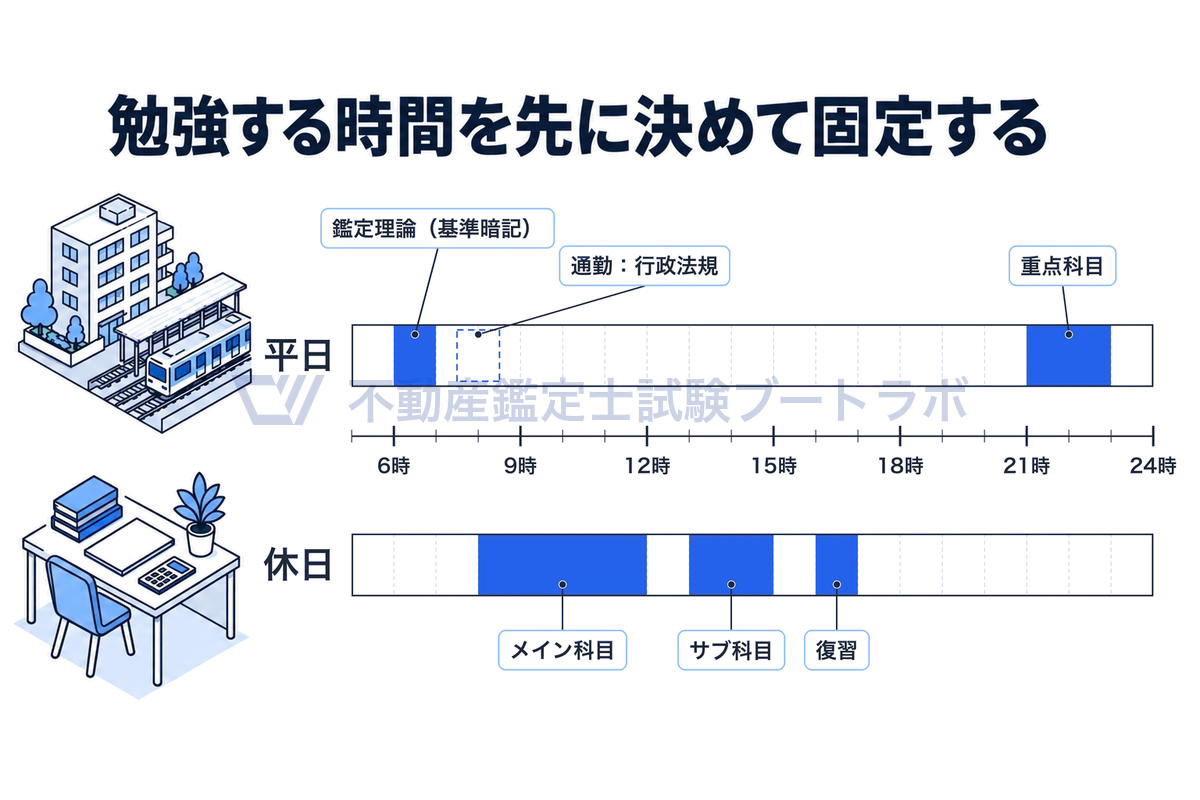 平日と休日の学習ブロックを時間軸に並べた図。平日は6時〜7時の鑑定理論、通勤時間の行政法規、21時〜23時の重点科目。休日は8時〜12時のメイン科目、13時〜15時のサブ科目、16時〜17時の復習。