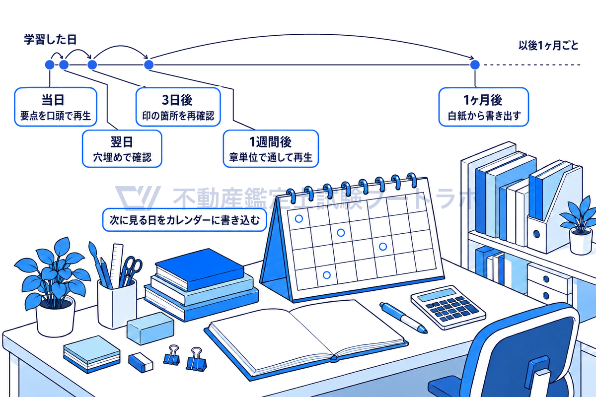 学習した日から当日・翌日・3日後・1週間後・1ヶ月後に戻る復習の日を、日数に比例した時間軸の印で示した図。印は左に詰まり右ほど間隔が広がる。各回の作業と、次に見る日をカレンダーに書き込む線画を添える。