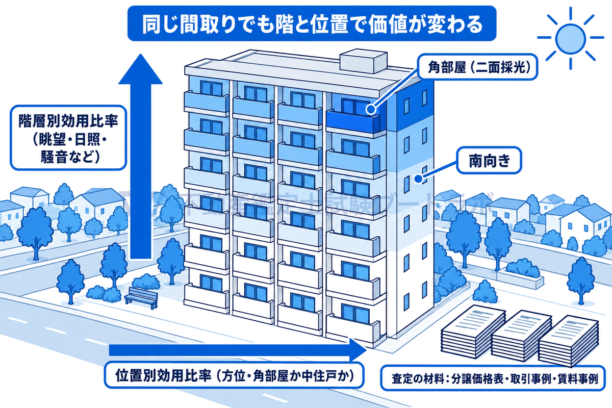 マンションの正面を階と住戸の格子で表し、縦方向は眺望・日照・騒音などによる階層別効用比率、横方向は方位や角部屋か中住戸かによる位置別効用比率で、同じ間取りでも価値が変わることを示した図。最上階の角部屋が青く示される。