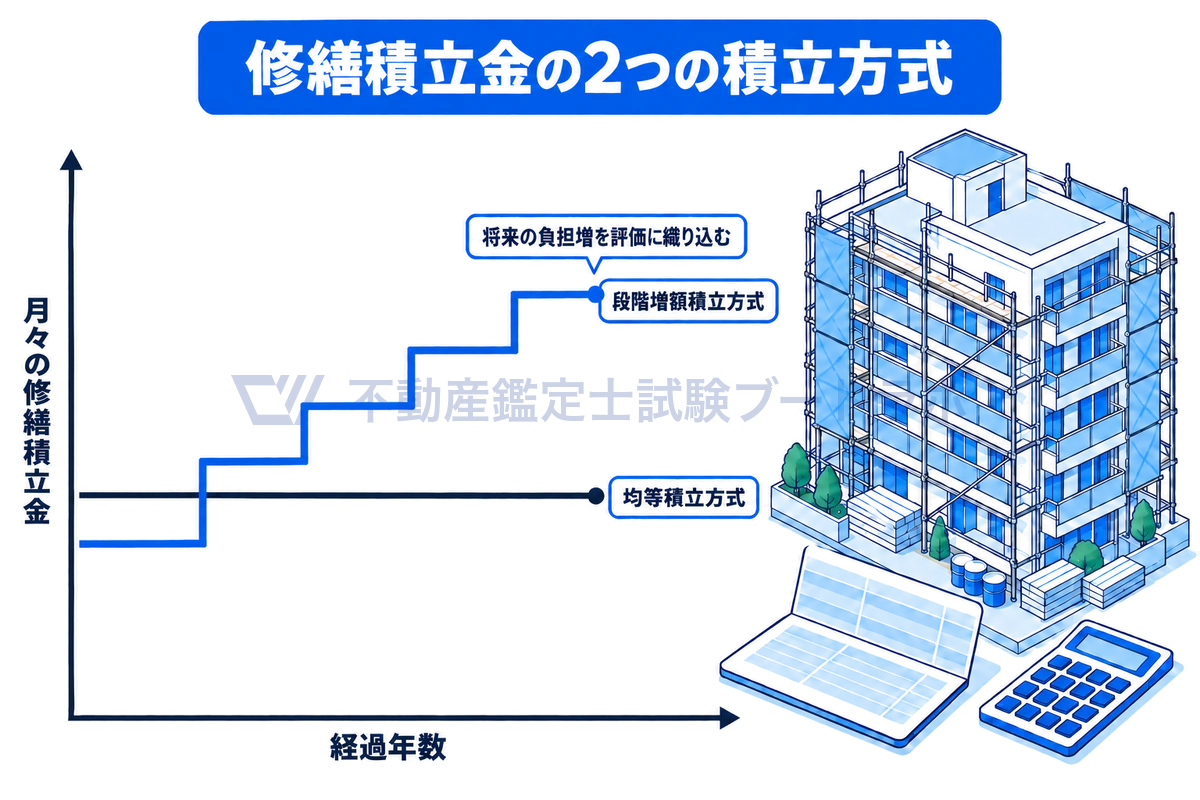 横軸を経過年数、縦軸を月々の修繕積立金とするグラフで、均等積立方式は水平な線、段階増額積立方式は低く始まって階段状に上がる線で示し、段階増額積立方式では将来の負担増を評価に織り込むことを表した図。