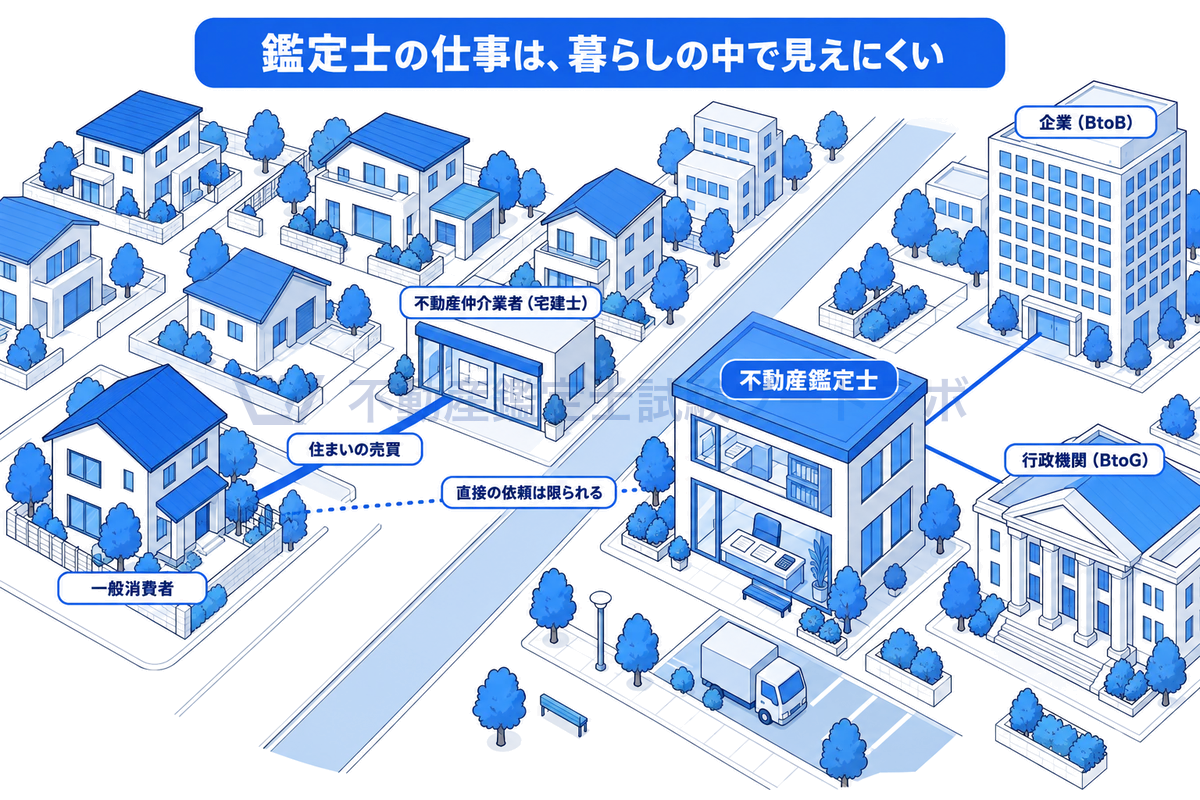 一般消費者と不動産の資格者の接点を街の情景で示した図。住まいの売買では仲介業者の宅建士と関わる一方、不動産鑑定士の主な依頼者は企業や行政機関で、一般消費者からの直接の依頼は限られることがわかる。