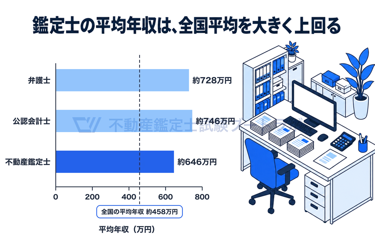弁護士、公認会計士、不動産鑑定士の平均年収を横棒で比べ、全国の平均年収の線を重ねた図。不動産鑑定士は約646万円で、弁護士約728万円や公認会計士約746万円にはやや及ばないが、全国平均の約458万円を大きく上回る。