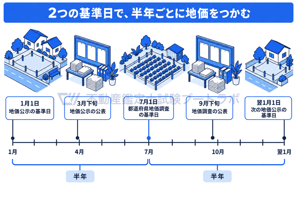 1年間の時間軸に地価公示と都道府県地価調査の日程を置いた図。1月1日が地価公示の基準日で3月下旬に公表、7月1日が地価調査の基準日で9月下旬に公表され、2つの基準日で半年ごとの地価の動きをつかめることを示す。