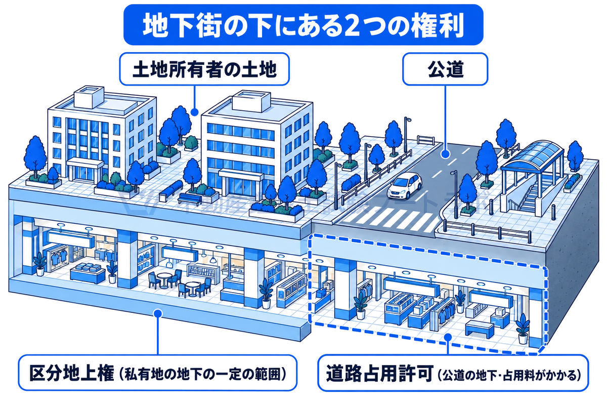 地面を切り取って地下街を見せた断面図。私有地の地下の一定の範囲には区分地上権が設定され、公道の地下にある部分には道路法による道路占用許可が必要で占用料がかかるという、地下街の下にある2つの権利の違いを示している。