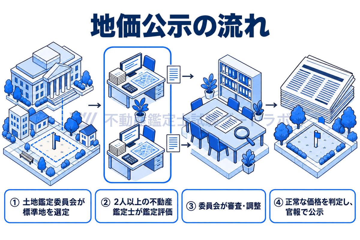 地価公示の流れを左から右へ描いた図。土地鑑定委員会が標準地を選定し、2人以上の不動産鑑定士がそれぞれ鑑定評価を行い、委員会が結果を審査・調整したうえで正常な価格を判定し、官報で公示する4段階を示す。