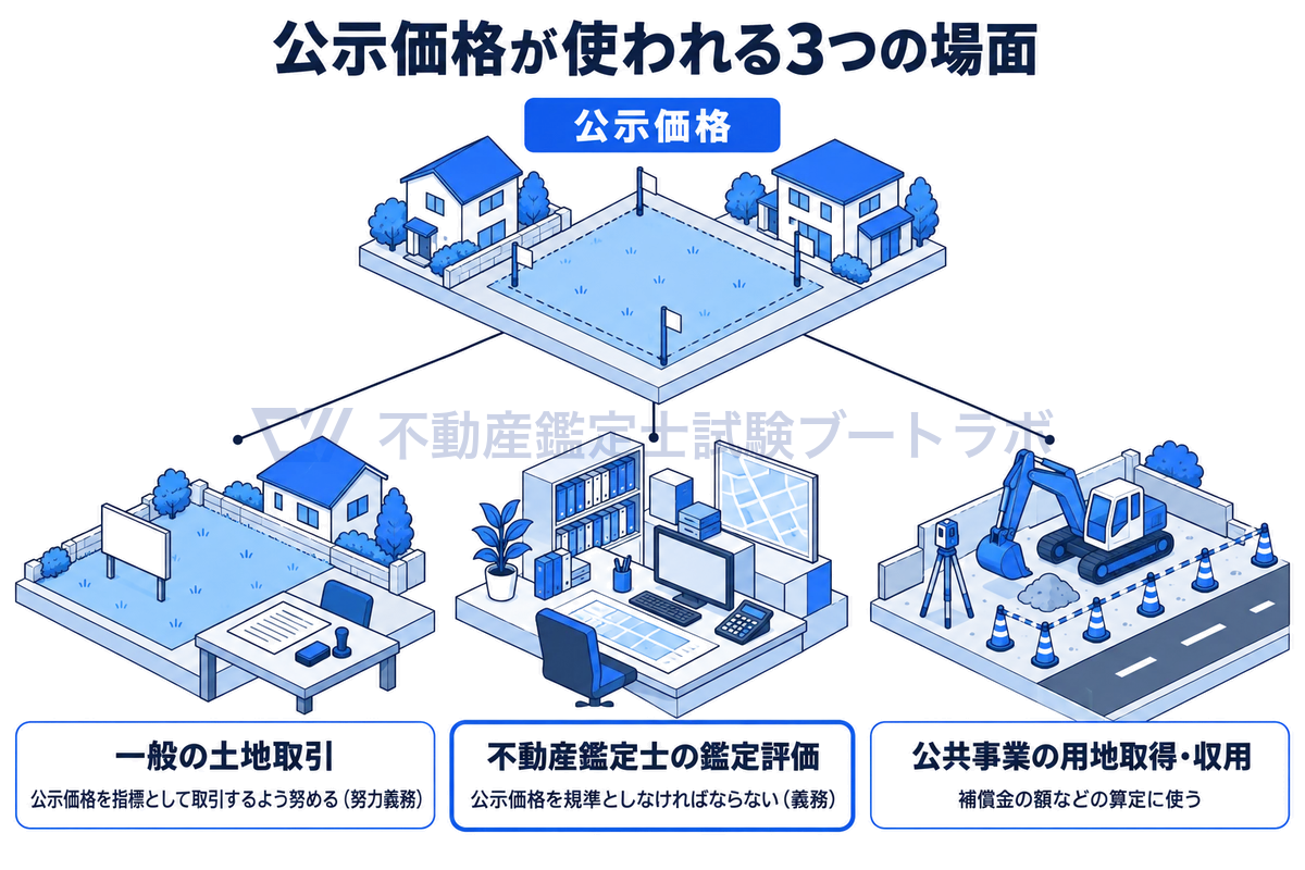 公示価格が使われる3つの場面を示す図。一般の土地取引では公示価格を指標として取引するよう努める努力義務、不動産鑑定士の鑑定評価では公示価格を規準としなければならない義務、公共事業の用地取得や収用では補償金の額などの算定に使われる。