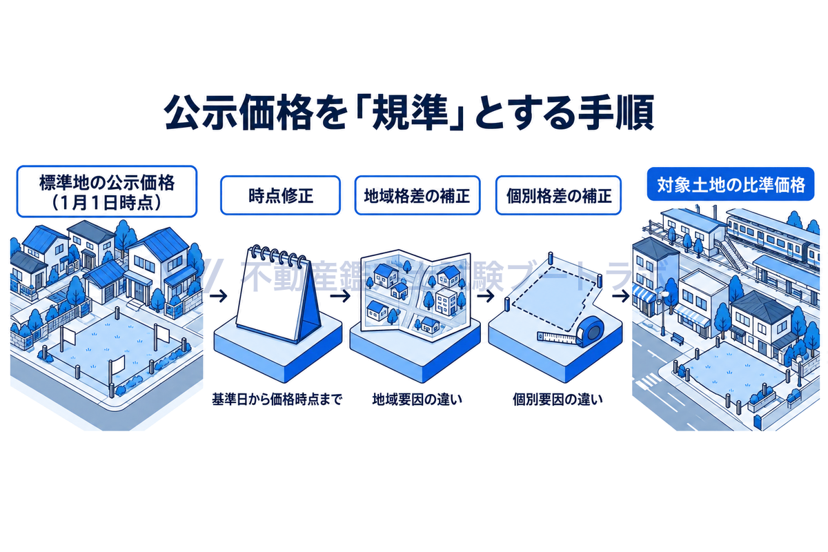 公示価格を規準とする手順の図。左の街の標準地の公示価格から、時点修正、地域格差の補正、個別格差の補正の3段階を経て、右の別の街にある対象土地の比準価格を求める流れを示す。