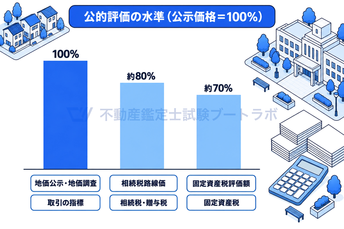 公的な土地評価の水準を比べた図。地価公示・地価調査を100%として、相続税路線価は約80%、固定資産税評価額は約70%の水準であることを、高さを数値どおりにそろえた3本の縦棒と、それぞれの目的で示している。