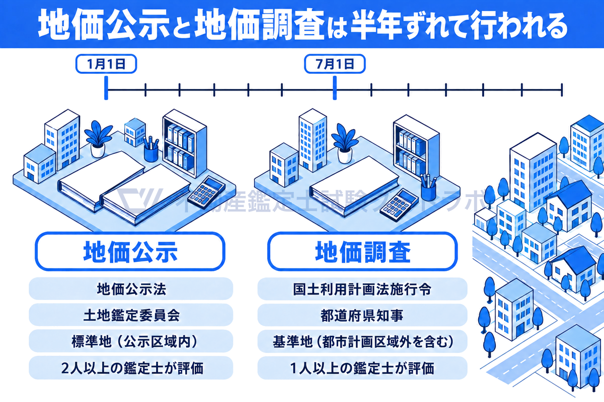 1年の時間軸の上に地価公示の基準日1月1日と地価調査の基準日7月1日を置き、その下に根拠法・主体・対象地・評価する鑑定士の人数を並べ、地価公示は鑑定評価書2部で2人以上、地価調査は1部で1人以上であることを線画で示した図。