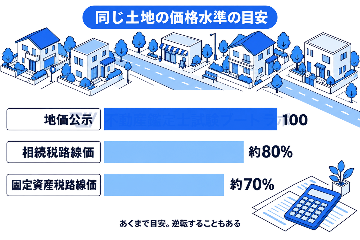 同じ土地について、地価公示を100としたとき相続税路線価は約80%、固定資産税路線価は約70%という価格水準の目安を、数値どおりの長さの横棒3本で示した図。棒の周りに小さな街並みが描かれ、目安であり逆転することもあると添えている。