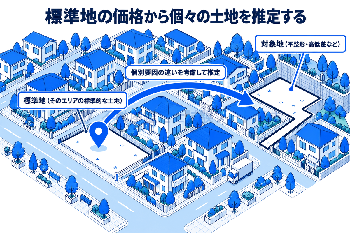 住宅街の中で、地図ピンの立つ整った長方形の区画が標準地、少し離れた不整形で高低差のある区画が対象地で、標準地の価格から個別要因の違いを考慮して対象地の価格を推定することを示した図。
