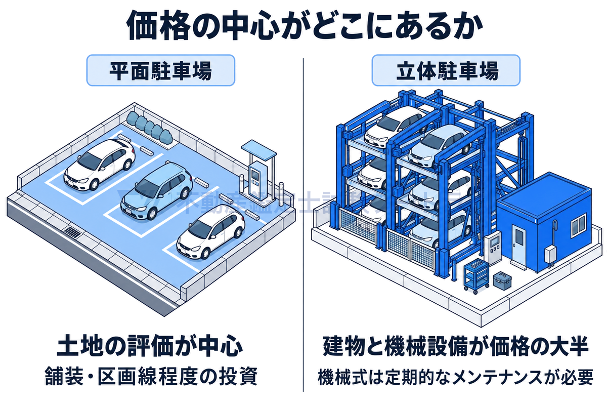 平面駐車場と立体駐車場で、価格の中心がどこにあるかを比べた図。平面駐車場は舗装と区画線程度で土地の評価が中心となり、機械式などの立体駐車場は建物と機械設備が価格の大半を占めるため、評価手法の組み立てが変わることを表している。