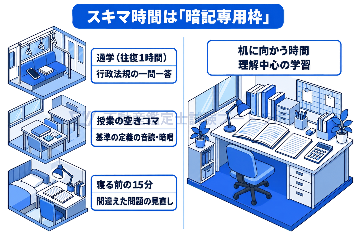 学生の一日に散らばるスキマ時間を暗記専用枠にする場面の図。通学電車では行政法規の一問一答、授業の空きコマでは基準の定義の音読、寝る前の15分では間違えた問題の見直しをし、机に向かう時間は理解中心の学習にあてる。