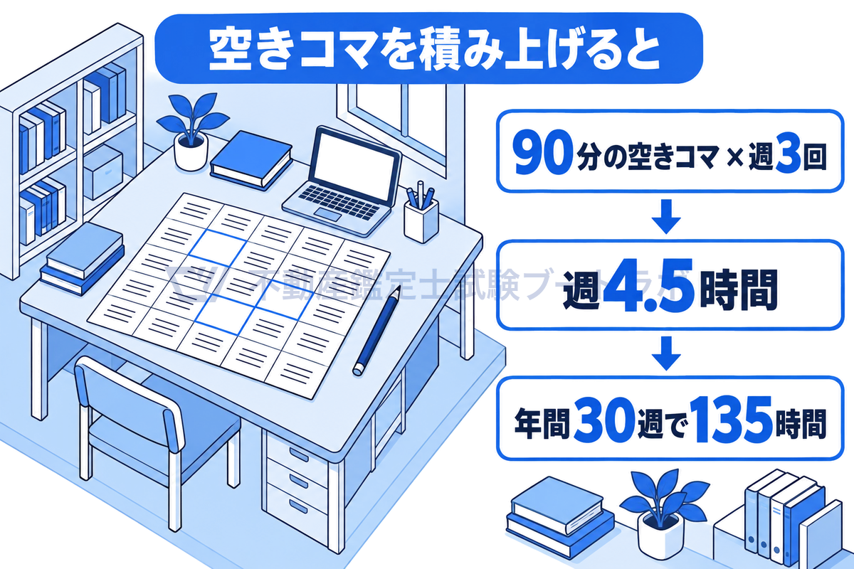 机の上に置いた1週間の時間割表の線画で、3つの空きコマを強調し、90分の空きコマが週3回で週4.5時間、年間30週で135時間になる計算を右側に積み上げて示した図。