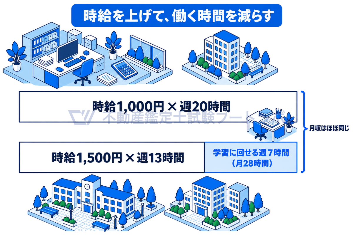 時給1,000円で週20時間働く場合と、時給1,500円で週13時間働く場合を同じ縮尺の横棒で比べ、月収はほぼ同じまま週7時間、月28時間の学習時間が生まれることを示した図。