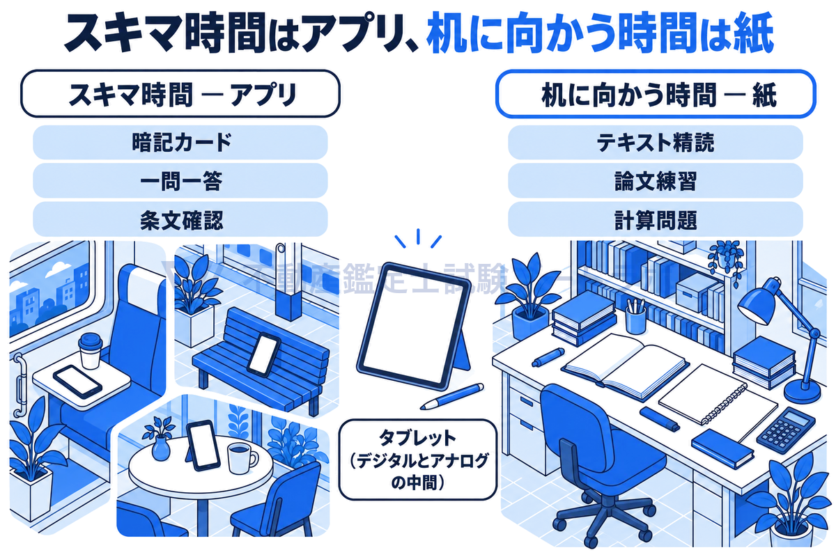 スキマ時間と机に向かう時間で道具を使い分ける場面の図。電車やベンチのスキマ時間はスマートフォンのアプリで暗記カード・一問一答・条文確認、机に向かう時間は紙でテキスト精読・論文練習・計算問題を行い、タブレットはその中間に位置する。