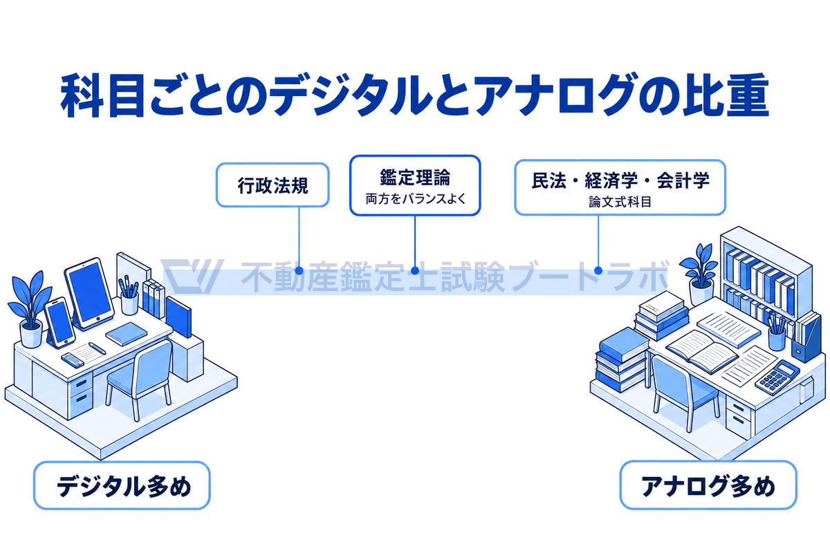 科目ごとのデジタルとアナログの比重を1本の目盛りに並べた図。行政法規はデジタル多め、鑑定理論は両方をバランスよく、民法・経済学・会計学の論文式科目はアナログ多めで、左端のスマートフォンと右端の紙の教材の間に配置している。