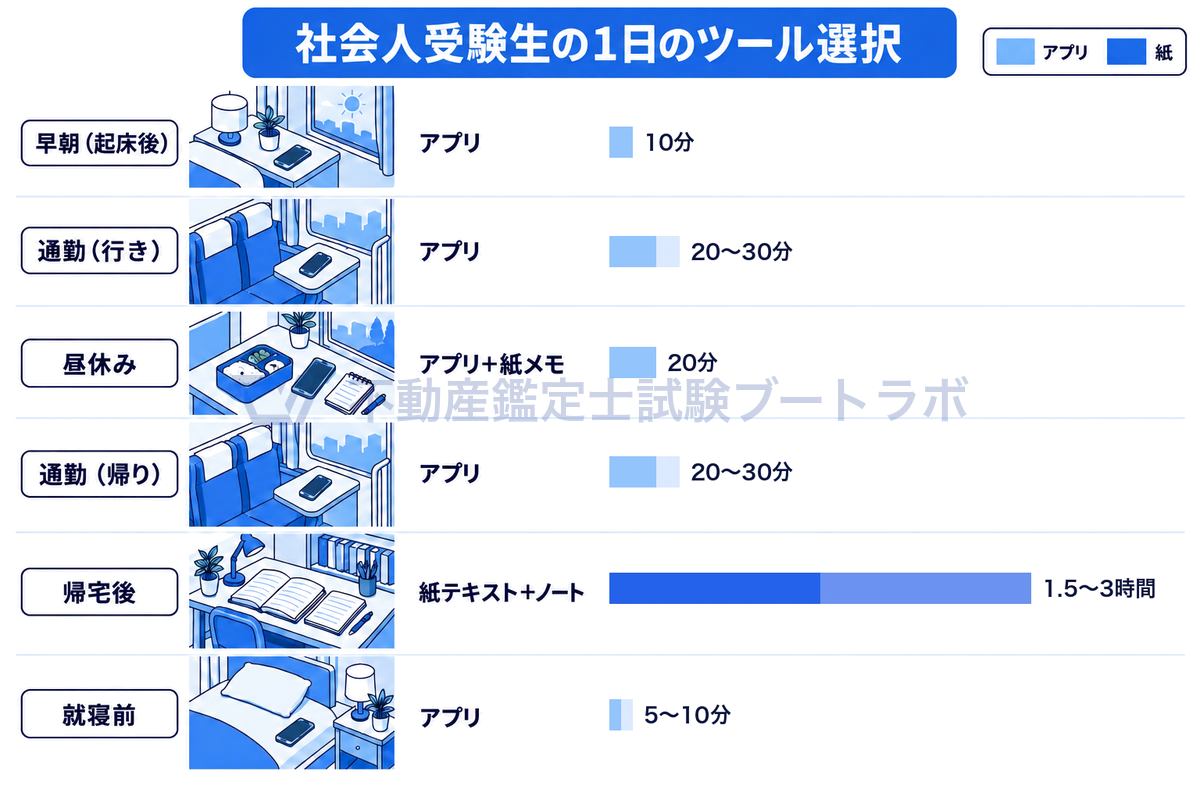 社会人受験生の1日の時間帯別のツールと所要時間の横棒グラフ。早朝10分、通勤の行き20〜30分、昼休み20分、通勤の帰り20〜30分、就寝前5〜10分はアプリが中心で、帰宅後の1.5〜3時間は紙のテキストとノートで学習する。