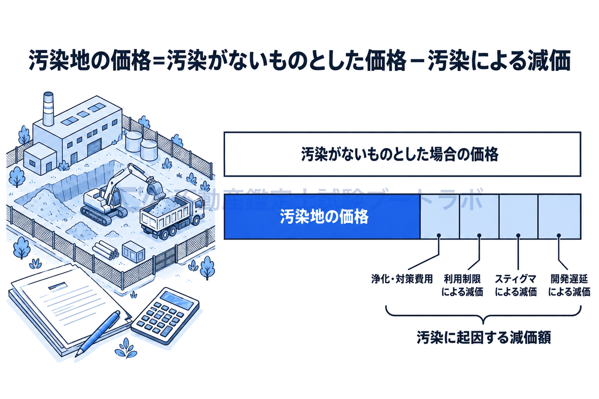 汚染地の価格は、汚染がないものとした場合の価格から、浄化・対策費用、利用制限による減価、スティグマによる減価、開発遅延による減価からなる汚染起因の減価額を差し引いて求めることを、2本の棒と工場跡地の情景で示した図。