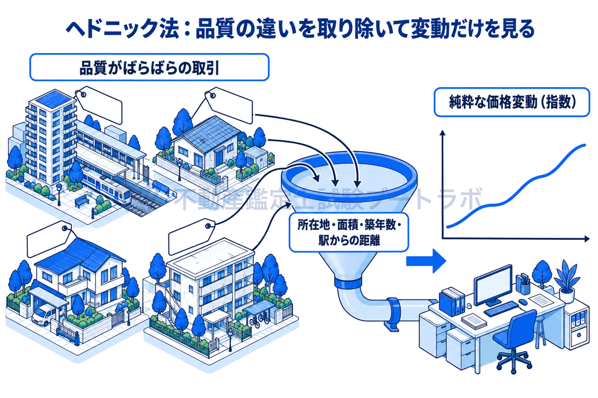 ヘドニック法の考え方を示した図。品質がばらばらの不動産取引から、所在地・面積・築年数・駅からの距離といった品質の違いによる影響を統計的に取り除き、市場全体の純粋な価格変動を指数として取り出す。