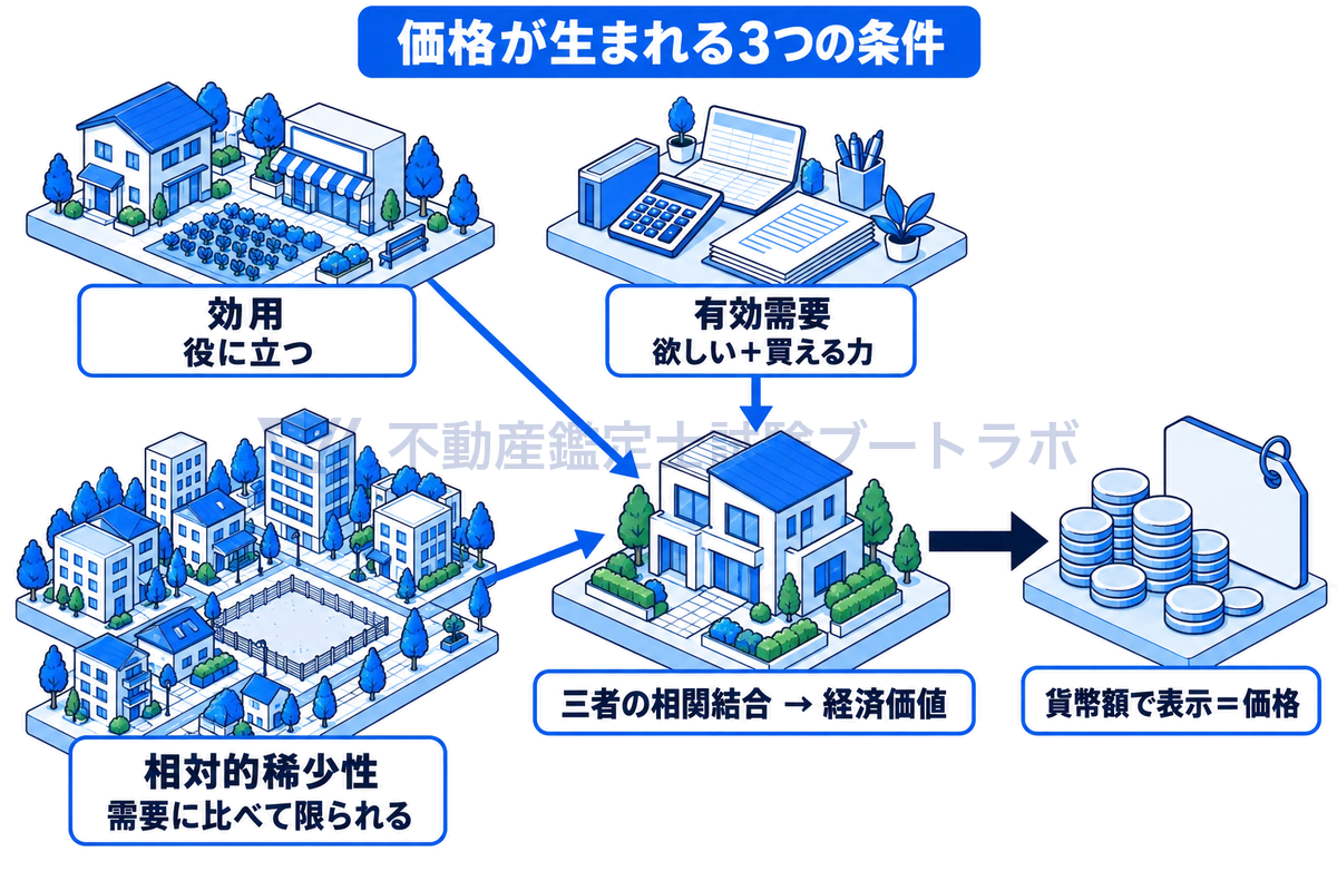 不動産の価格が成立する仕組みを示す図。役に立つという効用、需要に比べて限られるという相対的稀少性、欲しい気持ちと買える力を伴う有効需要の3つが中央の土地で結びついて経済価値となり、貨幣額で表示したものが価格であることを示している。