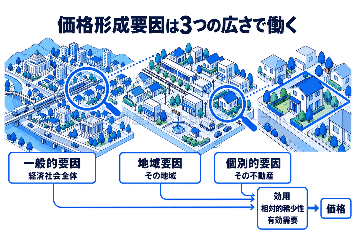 価格形成要因が働く3つの広さを示す図。経済社会全体に働く一般的要因、その地域に働く地域要因、その不動産自体の個別的要因を、広い地域から街、1区画へと虫眼鏡で寄っていく情景で示し、それらが効用・相対的稀少性・有効需要に影響することを示している。
