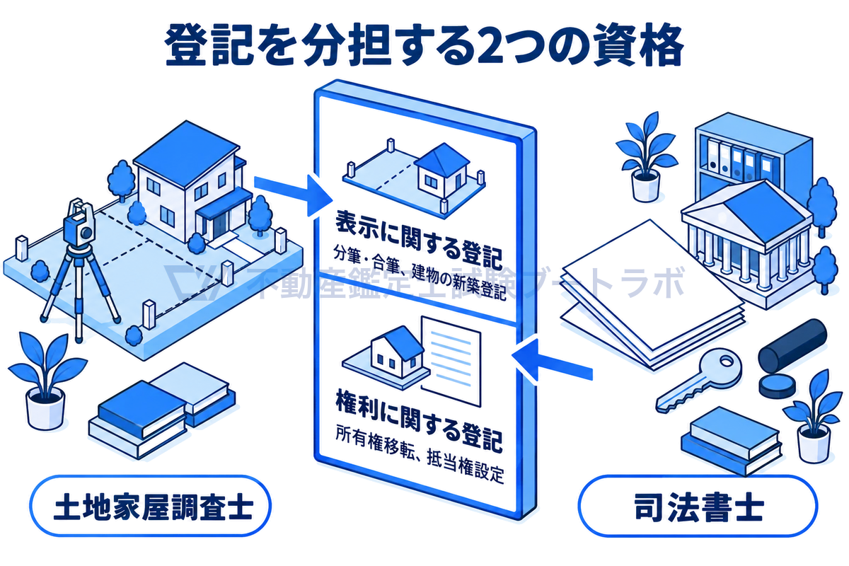 中央に1通の登記の記録を上下に分けて描き、上の表示に関する登記（分筆・合筆、建物の新築登記）は測量機を置いた土地から土地家屋調査士が、下の権利に関する登記（所有権移転・抵当権設定）は契約書と鍵の場面から司法書士が担うことを示した図。