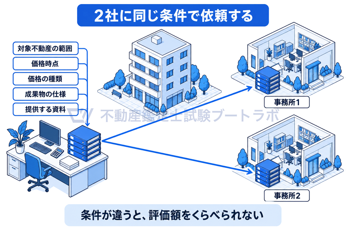 複数の鑑定事務所に同じ条件で依頼する場面の図。依頼者の机から同じ書類一式が2つの事務所に届き、対象不動産の範囲、価格時点、価格の種類、成果物の仕様、提供する資料の5つをそろえることを示している。