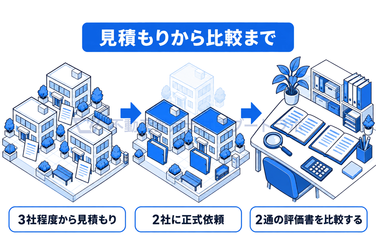 複数社依頼の進め方を街の場面で示した図。3つの鑑定事務所から見積もりを取り、そのうち2社に正式に依頼し、届いた2通の鑑定評価書を机の上で比較する流れを左から右へ描いている。