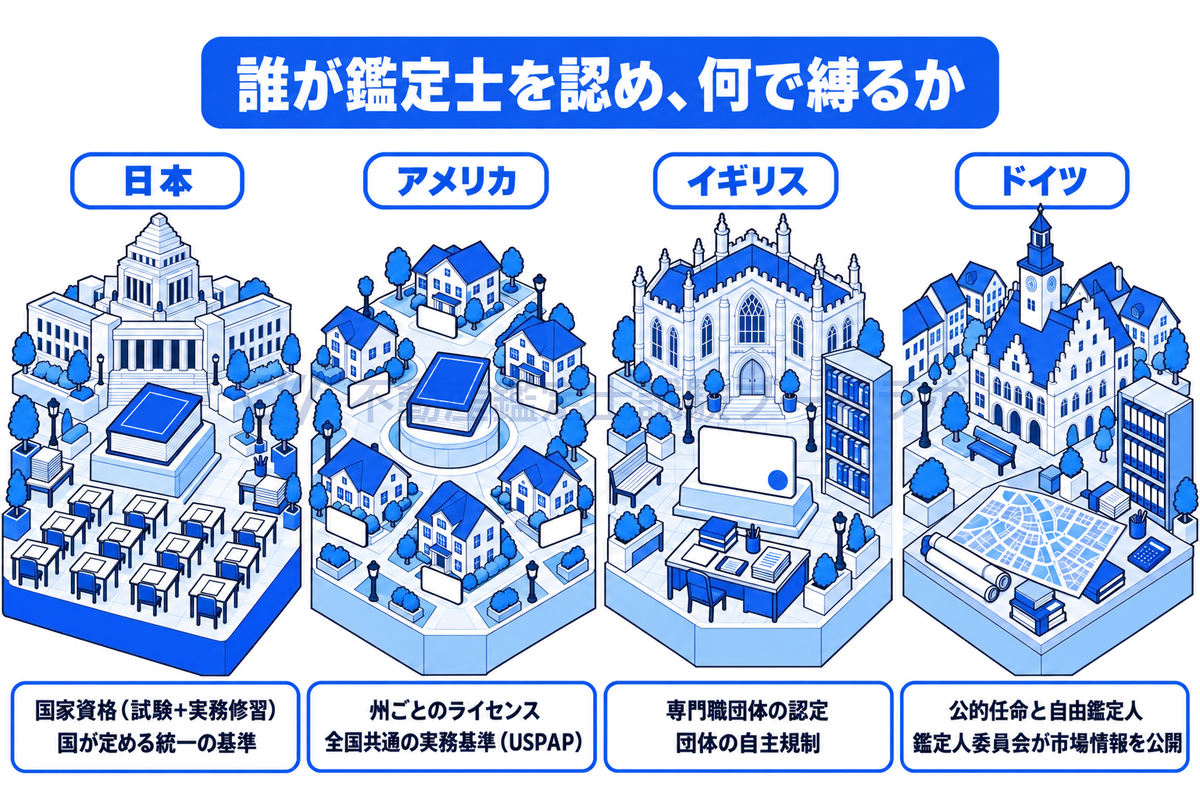 日本・アメリカ・イギリス・ドイツの鑑定制度のかたちを並べた図。日本は国家資格と国の統一基準、アメリカは州ごとのライセンスと全国共通の実務基準、イギリスは専門職団体の認定と自主規制、ドイツは公的任命と自由鑑定人の併存と地域の鑑定人委員会。