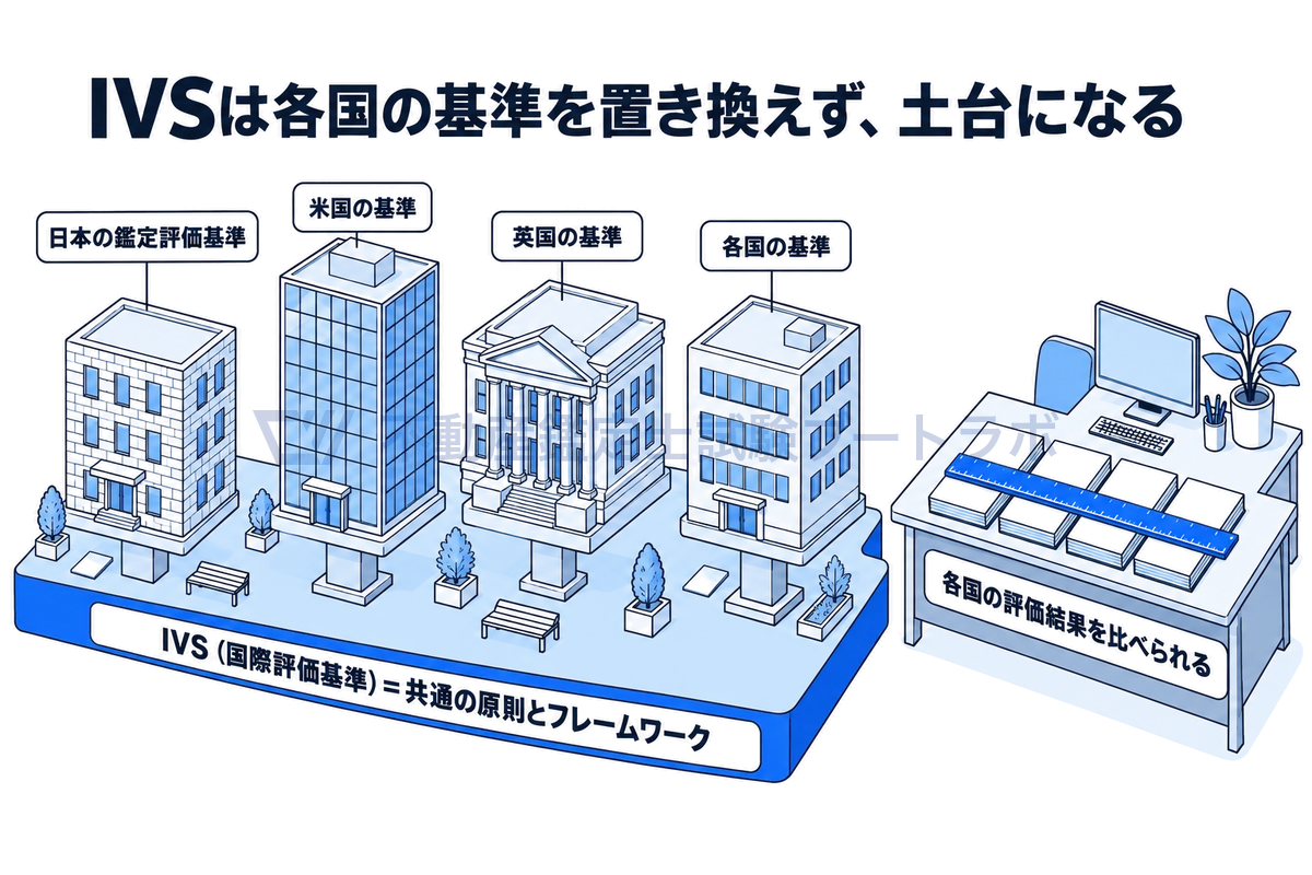 国際評価基準IVSの位置づけを示す図。IVSは共通の原則とフレームワークとして土台になり、その上に日本・米国・英国など各国の基準が形を変えずに建つ。各国の基準を置き換えるものではなく、各国の評価結果を比べられるようにする。