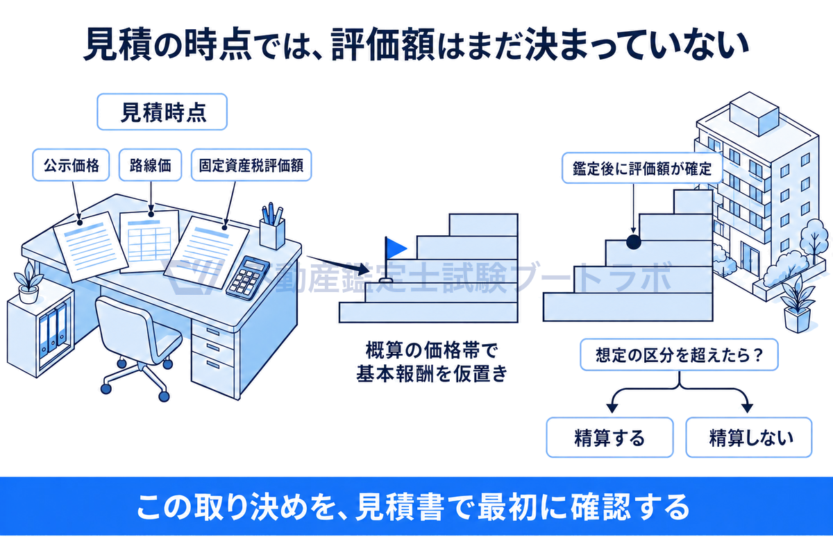 見積の時点では評価額が決まっていないため、公示価格・路線価・固定資産税評価額から概算の価格帯を推定して基本報酬を仮置きし、評価額が想定の区分を超えたときに精算するかしないかを先に取り決める流れを描いたイラスト。