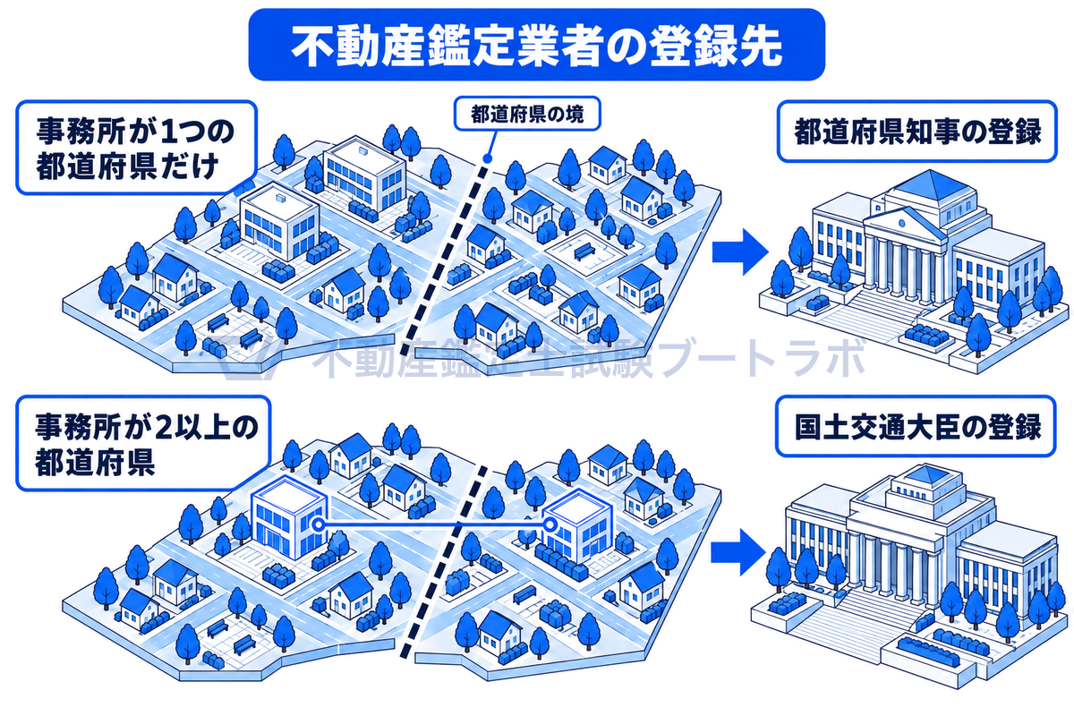 都道府県の境で区切った地図のアイソメ図。事務所が1つの都道府県の中だけにある業者は都道府県知事の登録、事務所が2以上の都道府県にまたがる業者は国土交通大臣の登録を受けることを、事務所ビルの配置で対比している。