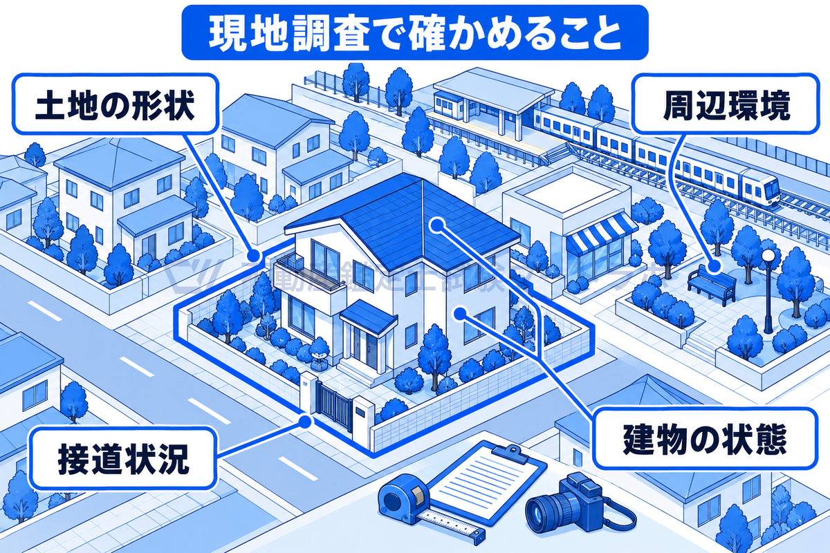 住宅街の一角にある対象不動産を斜め上から描き、現地調査で確かめる土地の形状、接道状況、周辺環境、建物の状態の4点を引き出し線で示した図。道端には調査用のクリップボードとメジャーを置いている。
