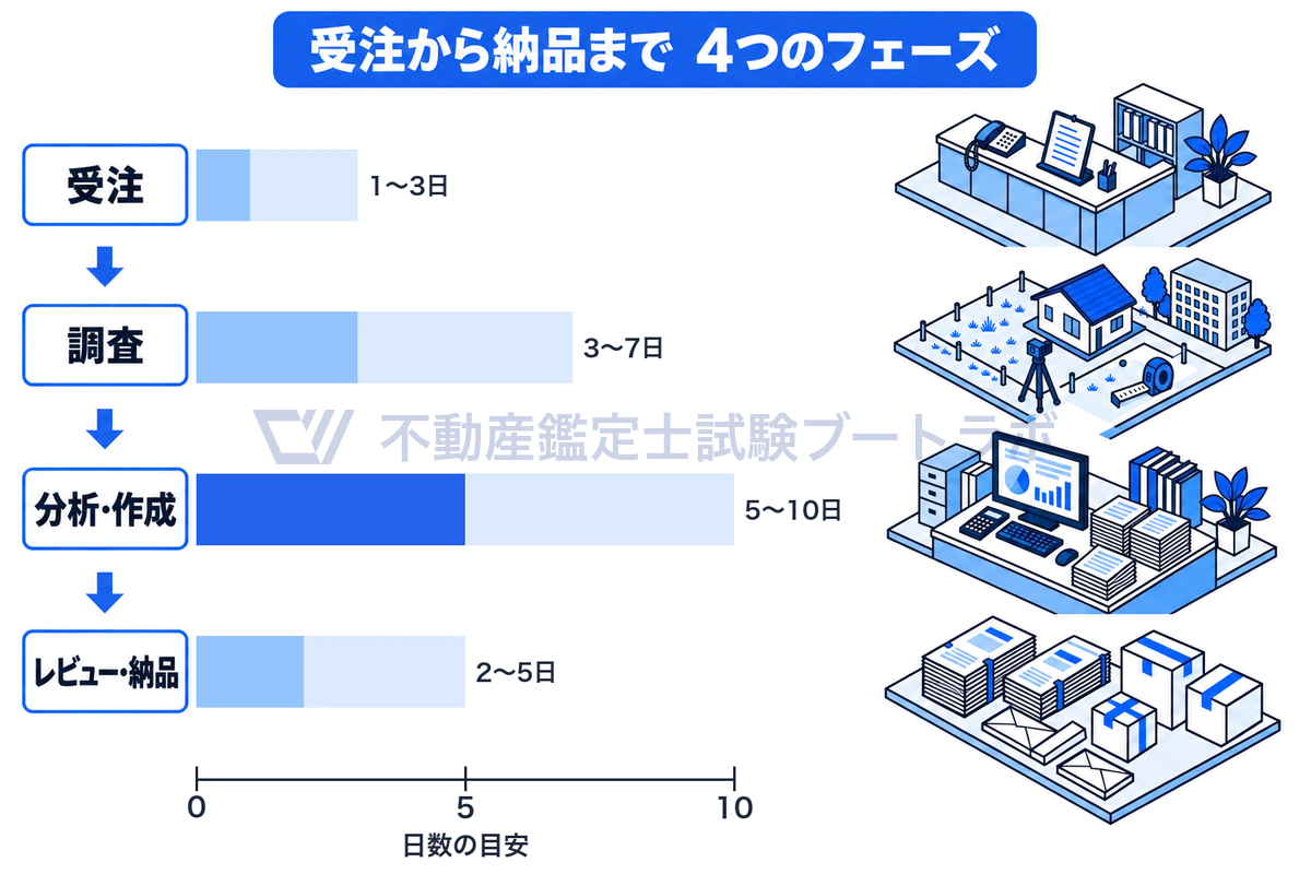 鑑定事務所で案件を受注してから納品するまでの4つのフェーズを、日数の目安の横棒と場面のイラストで並べた図。受注は1〜3日、調査は3〜7日、分析・作成は5〜10日、レビュー・納品は2〜5日で、分析・作成が最も長い。