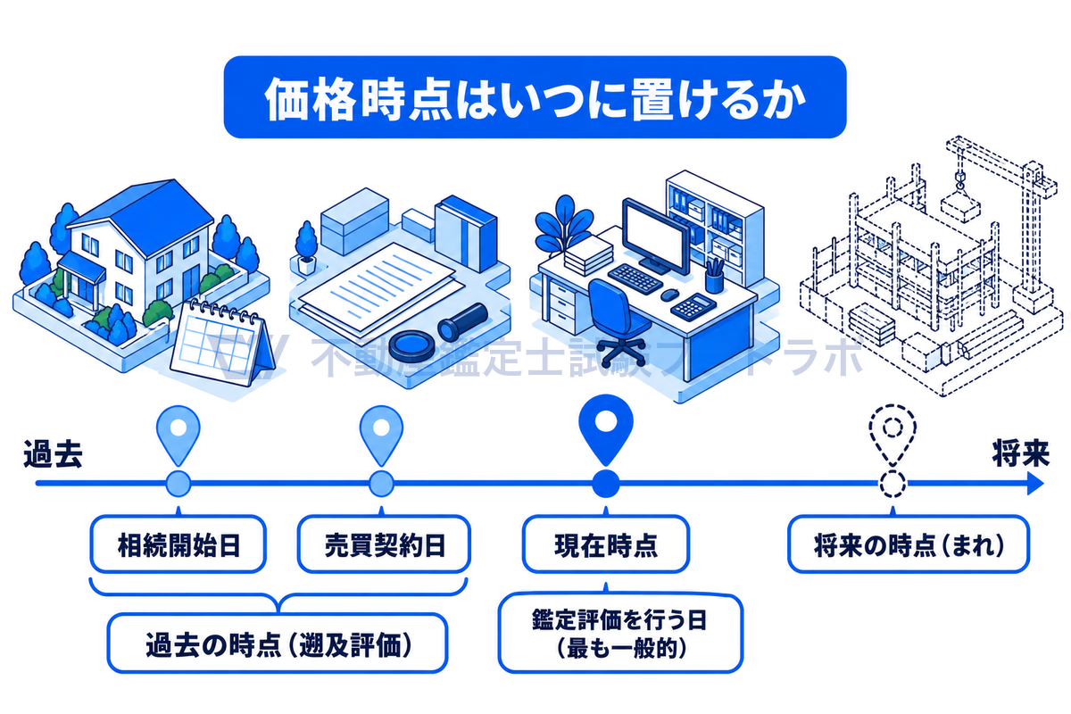 価格時点を時間軸の上で示した図。鑑定評価を行う日を現在時点として最も一般的とし、相続開始日や売買契約日などの過去の時点(遡及評価)と、まれな将来の時点も置けることを示す。