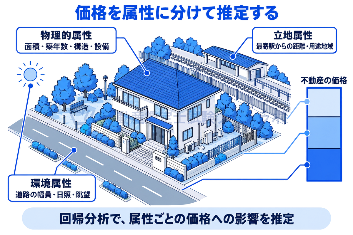 ヘドニック価格分析の考え方を、1棟の住宅を属性に分けた情景で示した図。価格を物理的属性、立地属性、環境属性に分け、回帰分析によって属性ごとの価値への影響を統計的に推定することを、住宅から伸びる3つのラベルで表している。